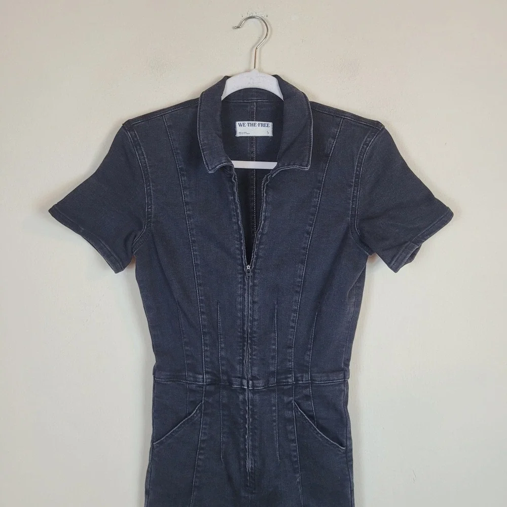 Free People We The Free Jumpsuit Small Black Denim Jayde Flare Boho Stretch Zip